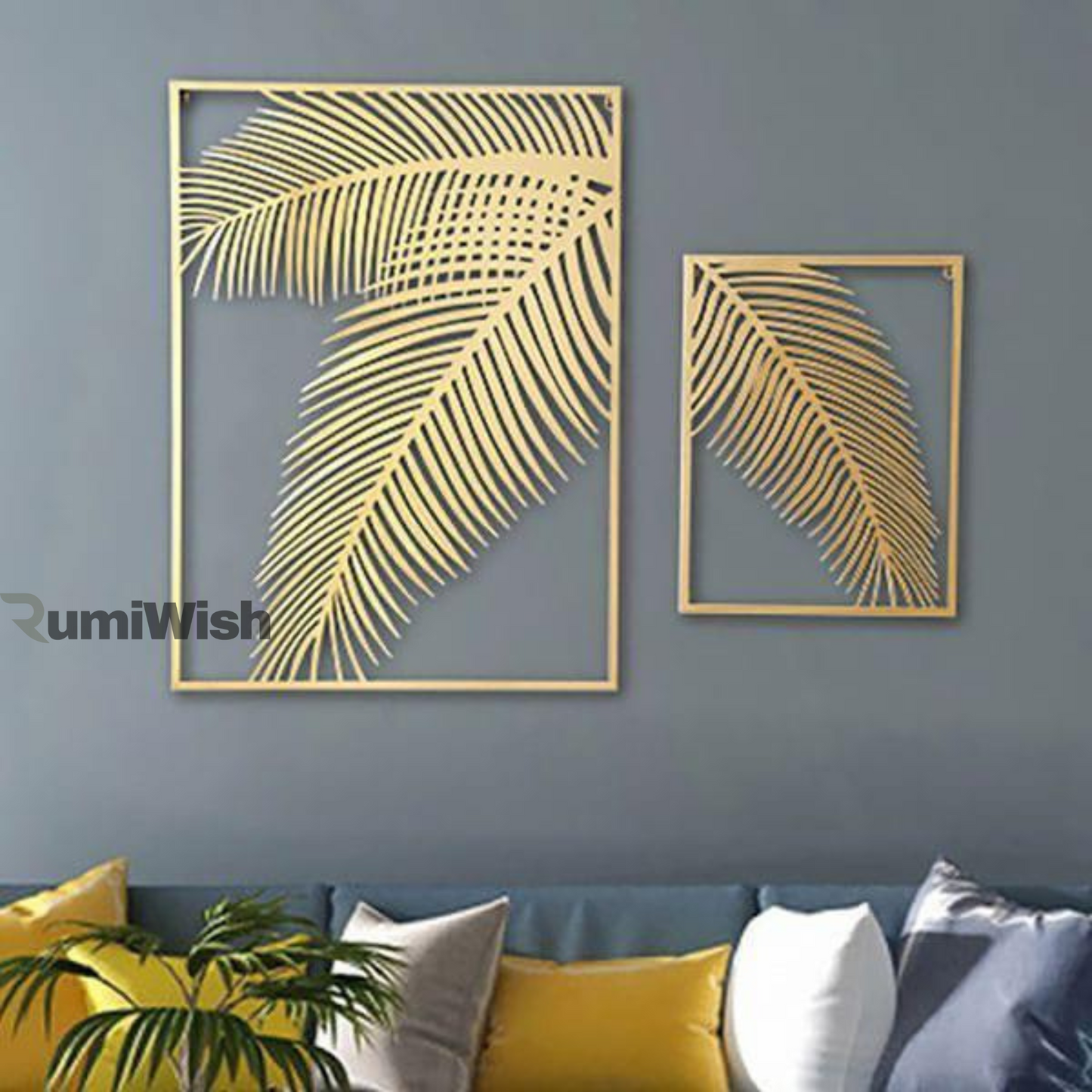 rumiwish  2 pieces metal palm leaf wall decor home art set | metal wall hanging art antique style wall decor restaurant | hotel | home | bedroom | living room (set of 2) (golden)