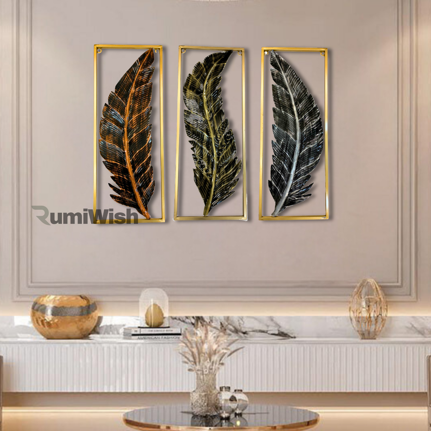 rumiwish  metal frame leaf set of 3 wall art decorations | modern luxury metal wall art decor, | perfect 3d wall sculpture for living room, restaurant, hotel & office (antique finish)