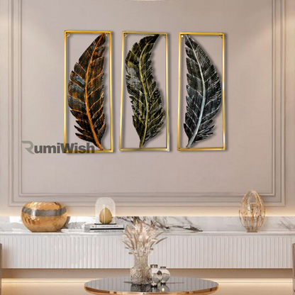 RumiWish  Metal Frame Leaf Set of 3 Wall Art Decorations | Modern Luxury Metal Wall Art Decor, | Perfect 3D Wall Sculpture For Living Room, Restaurant, Hotel & Office (Antique Finish)